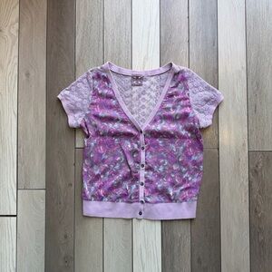 Free People Short Sleeve Floral Top Cardigan ButtonUp Lavender Lace Eyelet Sheer